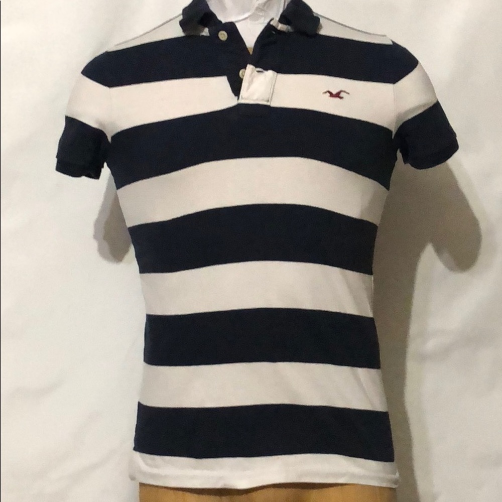 Hollister Men’s navy blue and white stripe polo